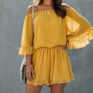 Elings Zae's Boutique Yellow Off-Shoulder Solid Half Sleeve Loose Fit Romper